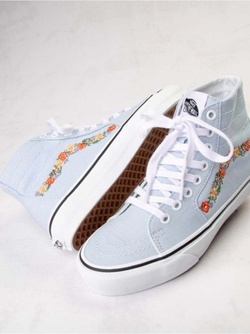 Vans Light Blue High-Top Sneakers with Orange and Yellow Floral Embroidery